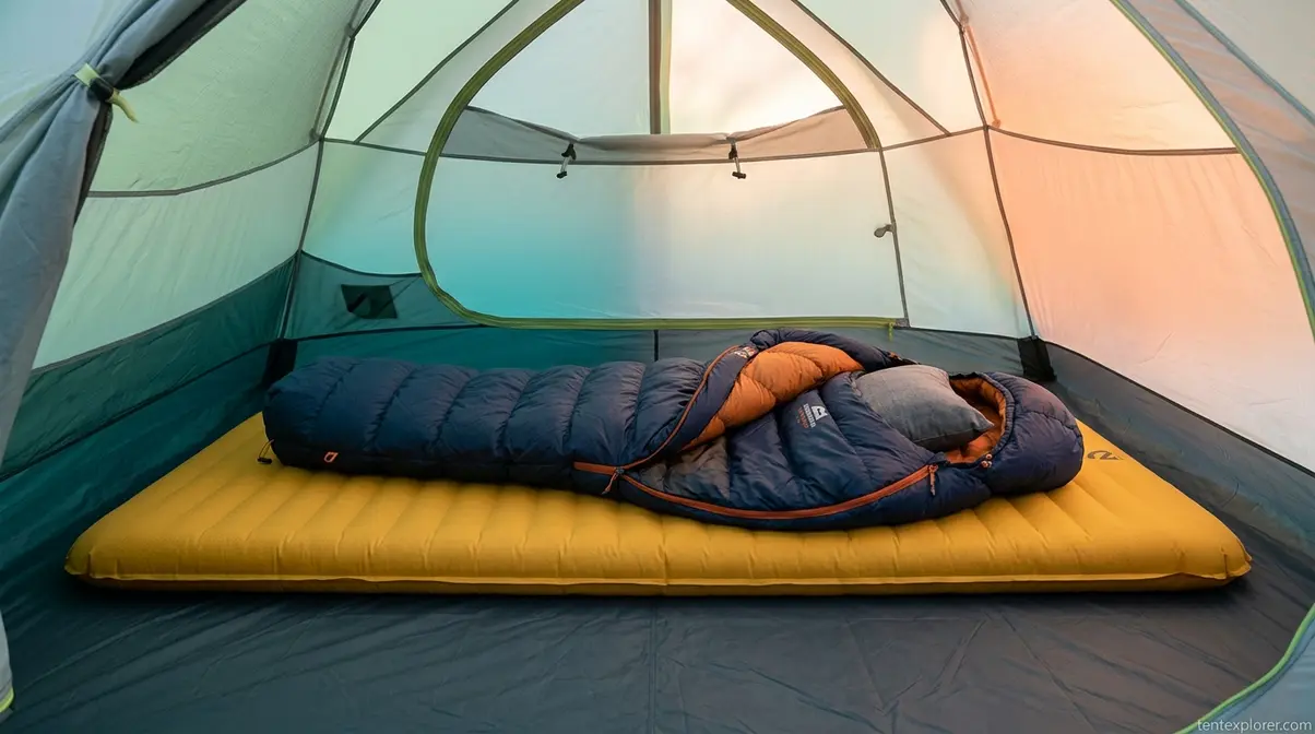 Close-up of a comfortable inflatable sleeping pad and sleeping bag inside a camping tent