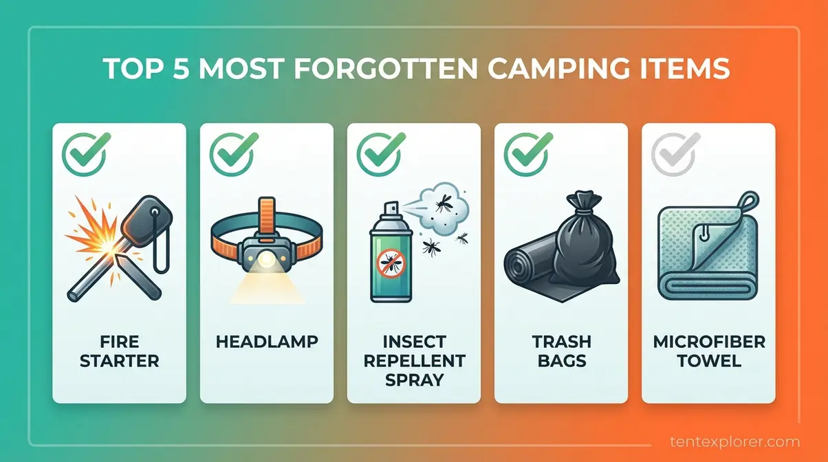 Camping checklist showing the top 5 most forgotten items including fire starter and headlamp