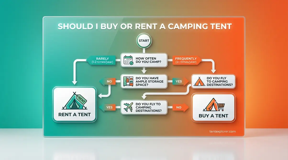 Buying vs renting a camping tent decision flowchart based on camping frequency and budget