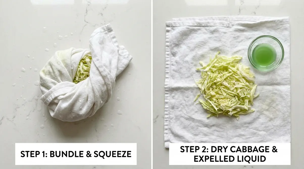 Cabbage Bread Recipe: Easy Step-By-Step Guide (2026) 5 Squeezing water from salted cabbage for cabbage bread recipe before and after