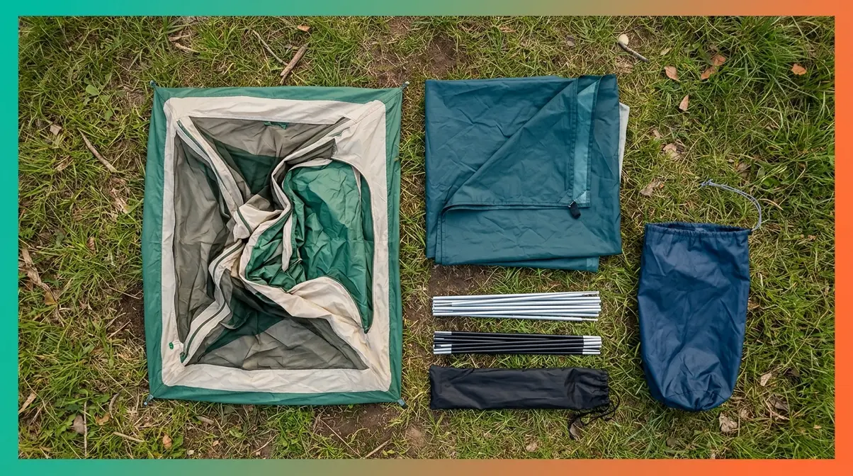 Cabin tent mid-breakdown showing separated rainfly, collapsed poles, and tent body ready for packing