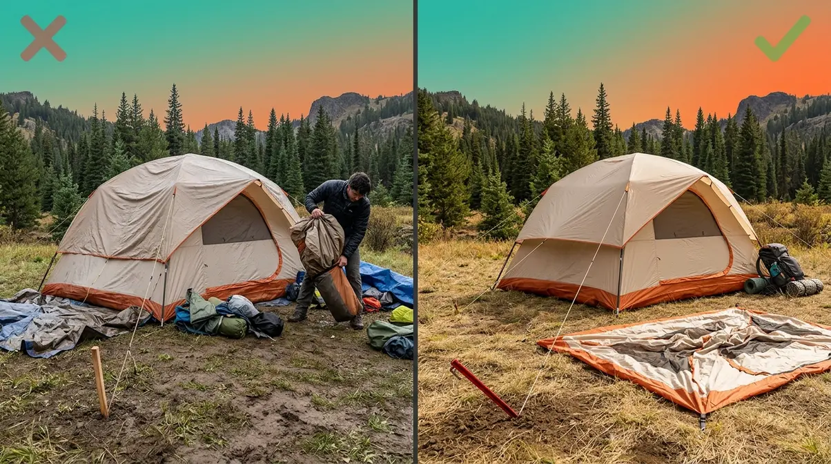 Split scene showing common cabin tent setup mistakes on the left versus correct techniques on the right