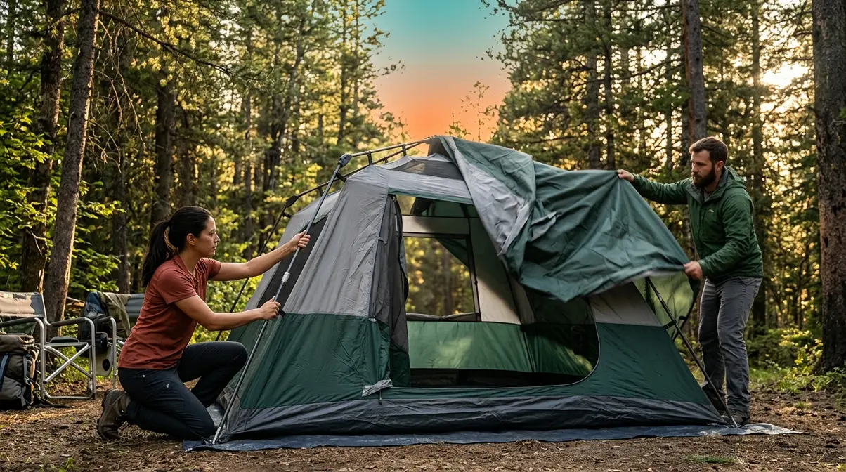 Two adults assembling a cabin tent at a forest campsite following step-by-step setup instructions