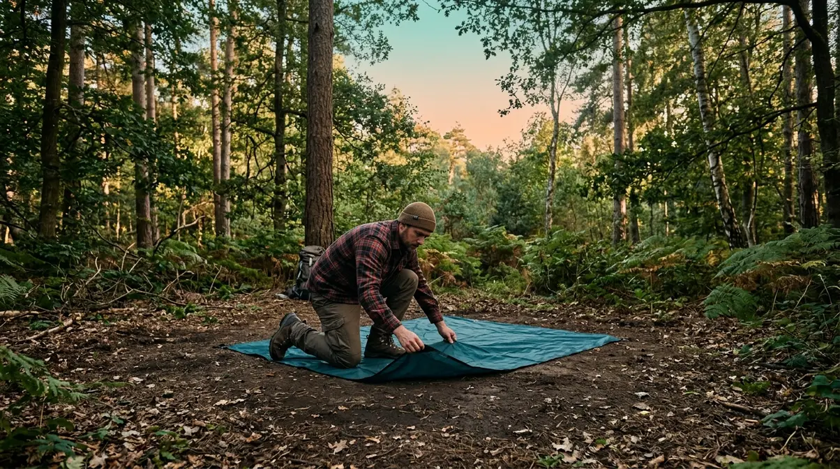 Camper laying out a tent footprint on flat cleared ground as the first cabin tent setup step