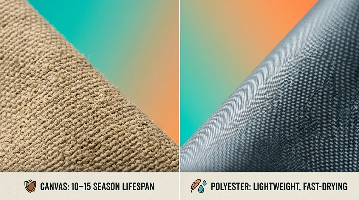 Close-up comparison of canvas tent fabric with heavy weave versus smooth lightweight polyester tent fabric