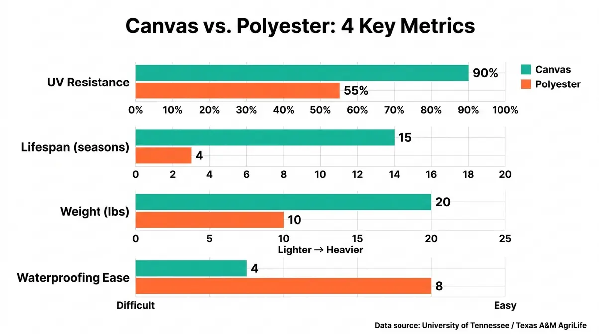 Bar chart comparing canvas versus polyester cabin tent fabrics across UV resistance, weight, waterproofing, and lifespan