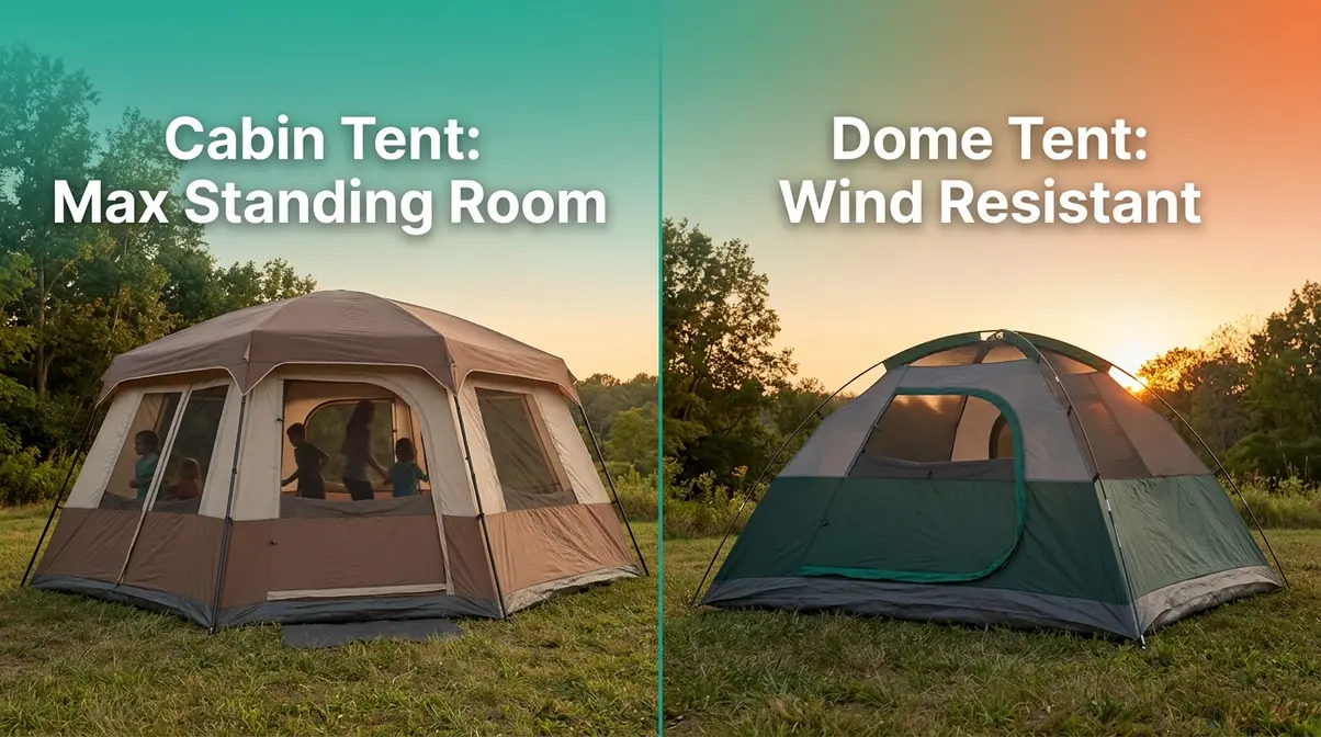 Side-by-side comparison of a cabin tent with vertical walls versus a dome tent on a campsite