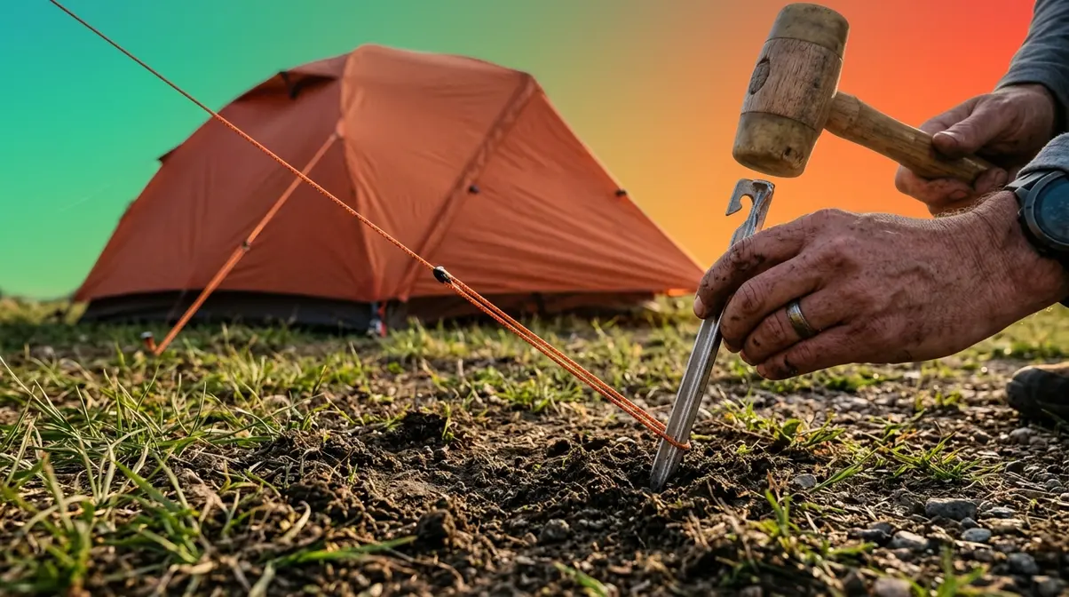 Hand driving a tent stake at 45-degree angle with guyline tensioned to a cabin tent attachment point