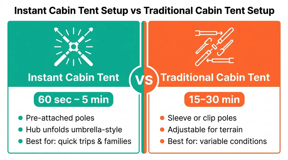 Infographic comparing instant cabin tent setup in 60 seconds versus traditional pole tent setup in 15 to 30 minutes