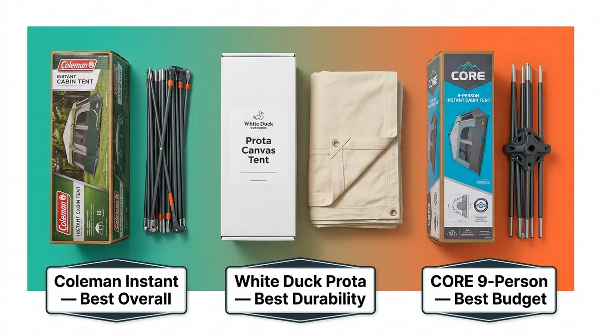 Three top-rated cabin tents for families arranged side by side showing Coleman Instant, White Duck Prota, and CORE 9-Person