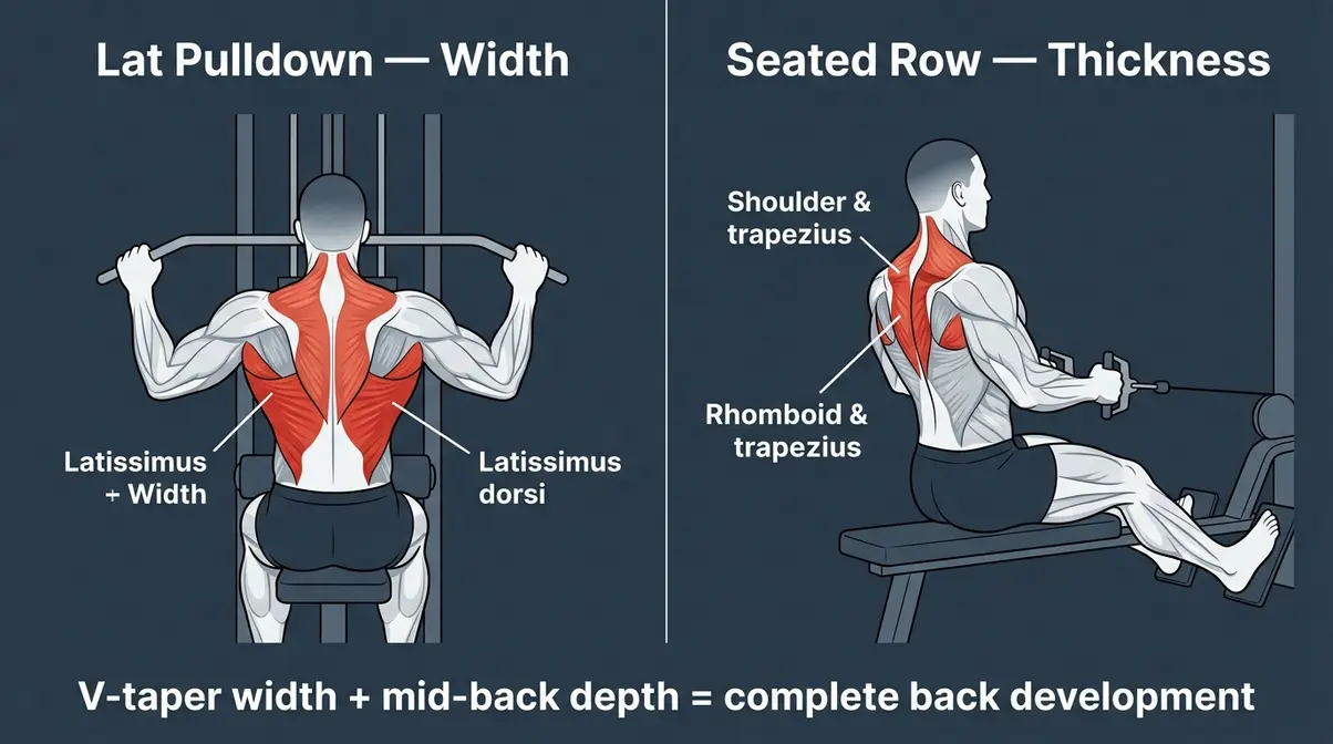Split illustration showing cable lat pulldown for back width and seated cable row for mid-back thickness