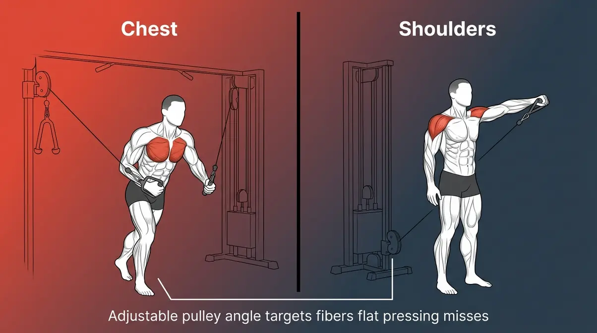 Split illustration showing cable chest crossover fly and cable lateral raise shoulder exercise side by side