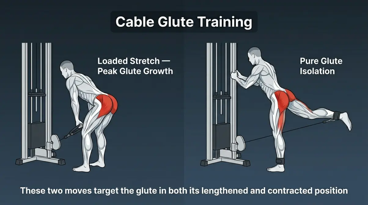 Split illustration showing cable pull-through hip hinge and cable donkey kickback for glute muscle building