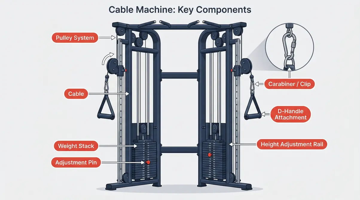 Labeled diagram of a cable machine showing weight stack, pulley, cable, carabiner, and attachment points