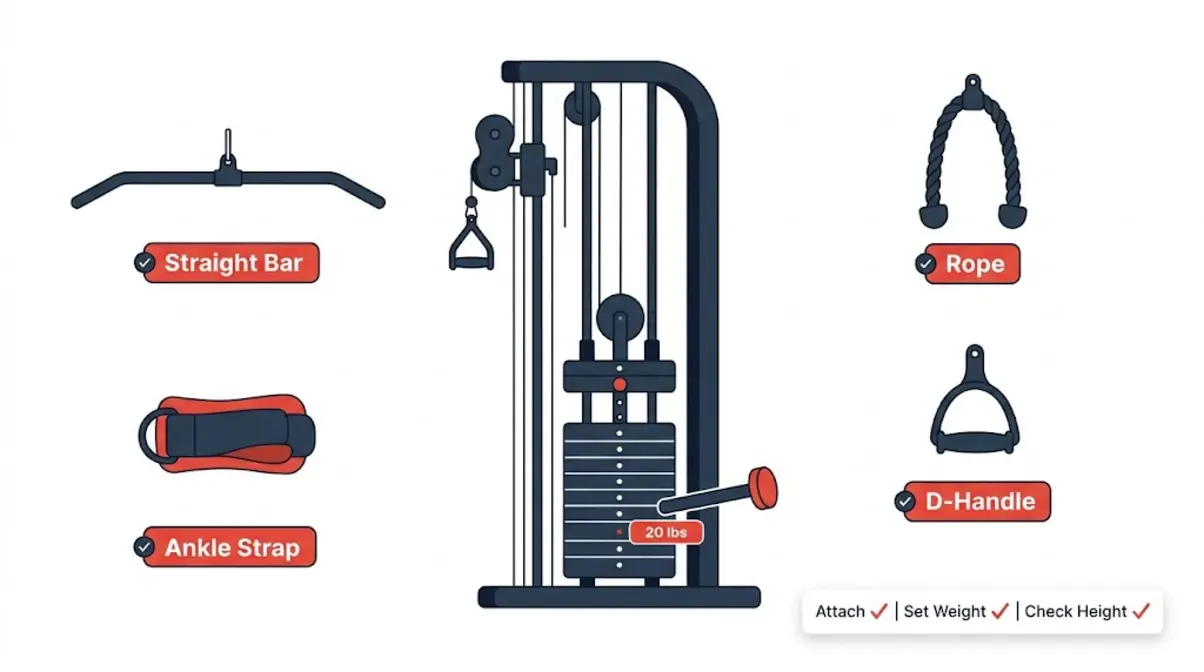 Beginner cable machine setup guide showing attachments, weight stack, and pulley height adjustment