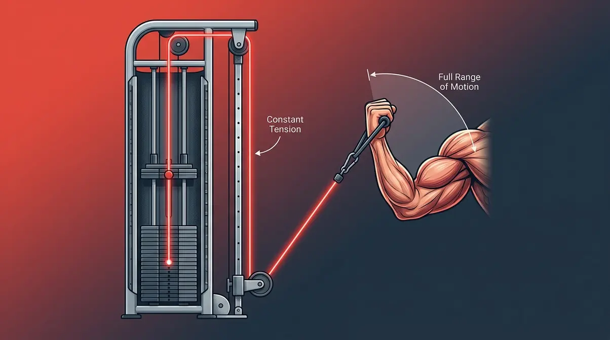 Illustration showing constant mechanical tension from cable machine through full range of motion for muscle building