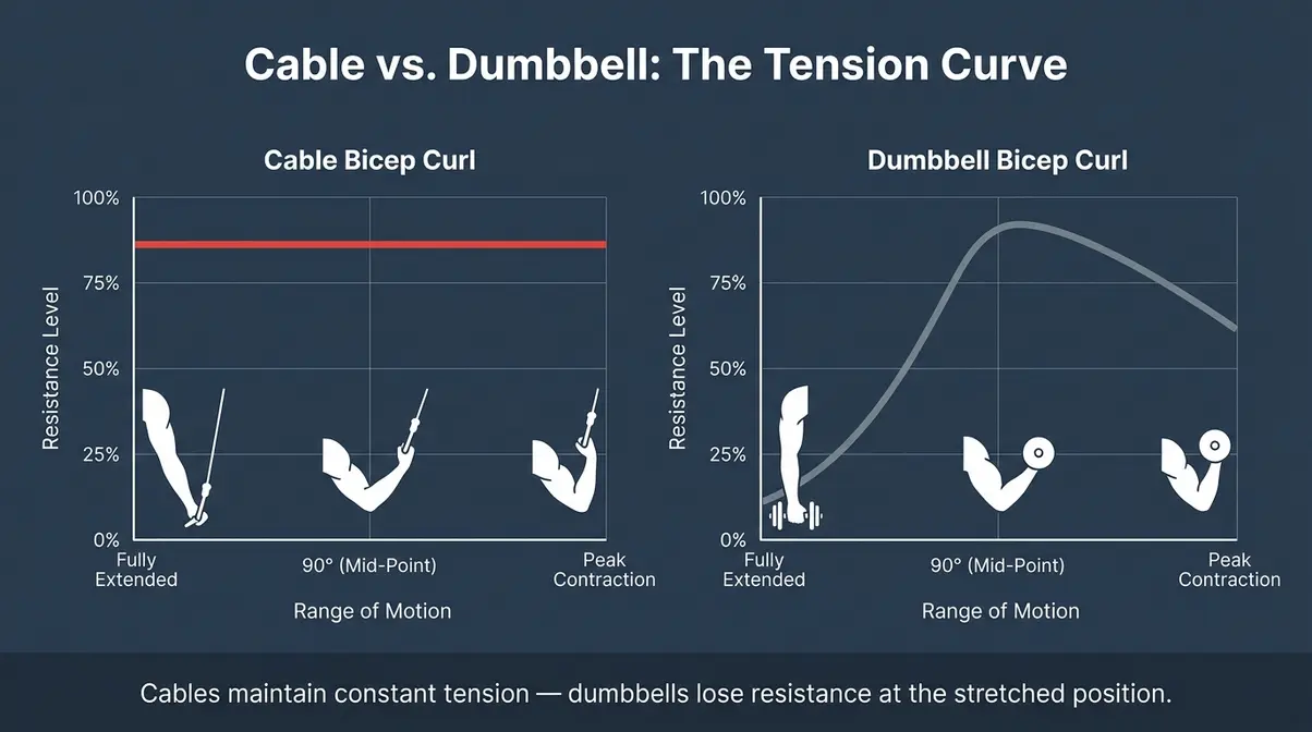 Infographic comparing tension curve of cable bicep curl versus dumbbell curl throughout full range of motion