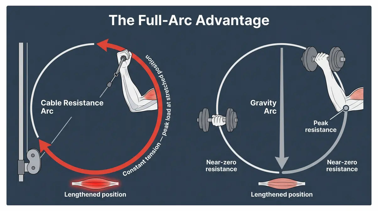 Diagram showing cable machine resistance arc versus dumbbell gravity arc at lengthened and shortened positions