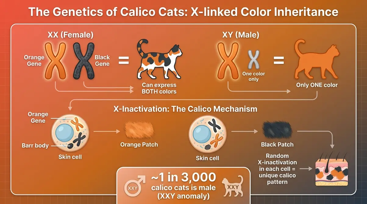 Calico Maine Coon X chromosome genetics diagram showing why XX females can express both orange and black coat colors while XY males cannot
