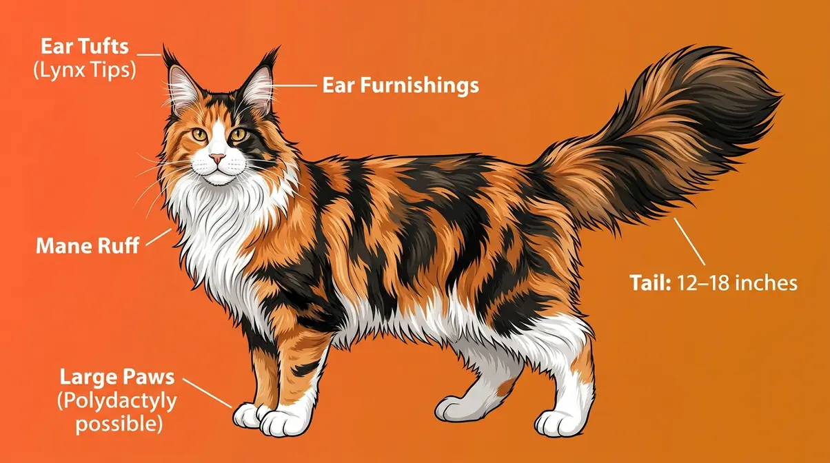 Calico Maine Coon anatomy diagram with labeled physical traits including tufted ears, mane ruff, large paws, and bushy tail