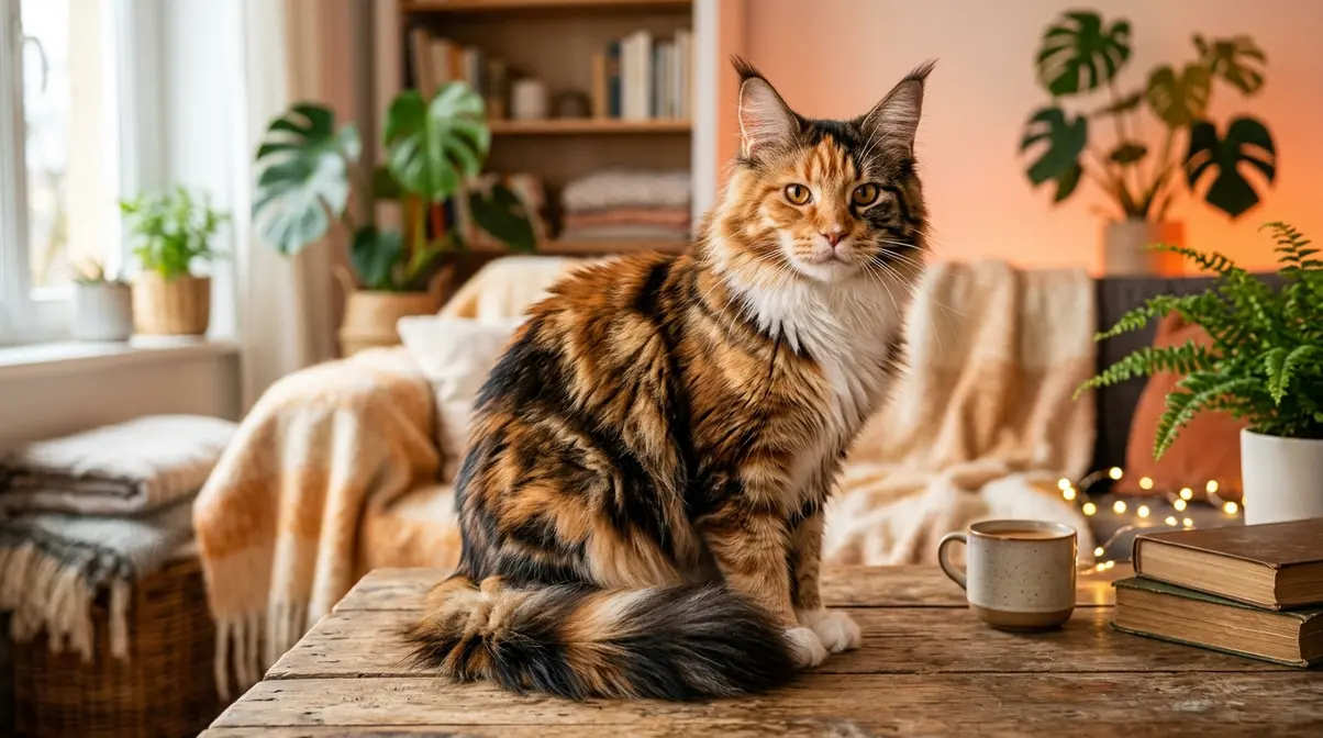 Calico Maine Coon cat sitting calmly showing tricolor coat pattern, tufted ears, and large bushy tail