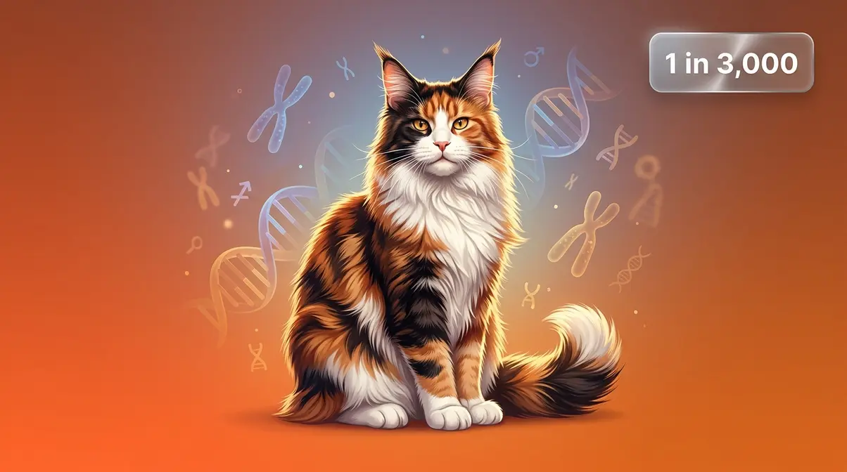 Calico Maine Coon cat surrounded by subtle DNA and chromosome imagery representing the genetic rarity of the tricolor coat