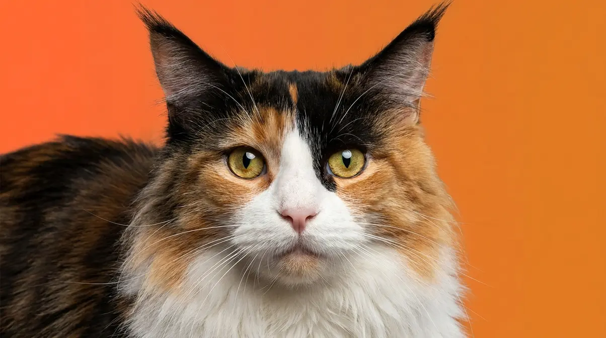 Calico Maine Coon cat looking directly at the camera with amber eyes and tufted ears