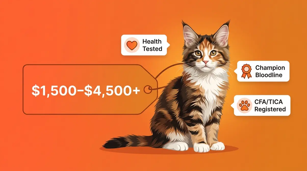Calico Maine Coon kitten with price range graphic showing $1,500 to $4,500 plus from reputable breeders
