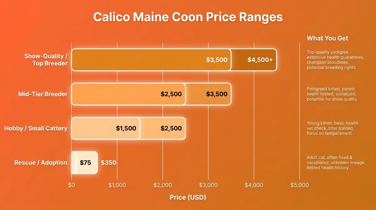 Calico Maine Coon price breakdown bar chart by breeder tier from rescue adoption fees to show-quality breeder costs