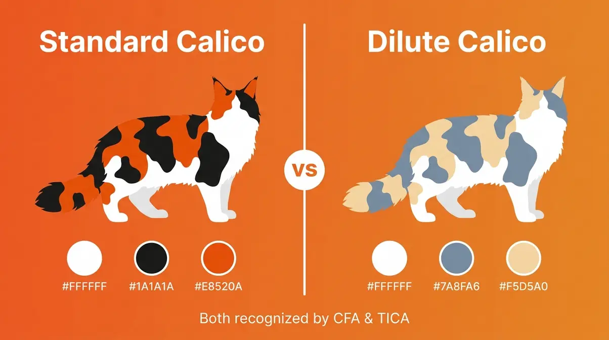 Standard calico versus dilute calico Maine Coon coat pattern comparison showing color swatches and patch layouts