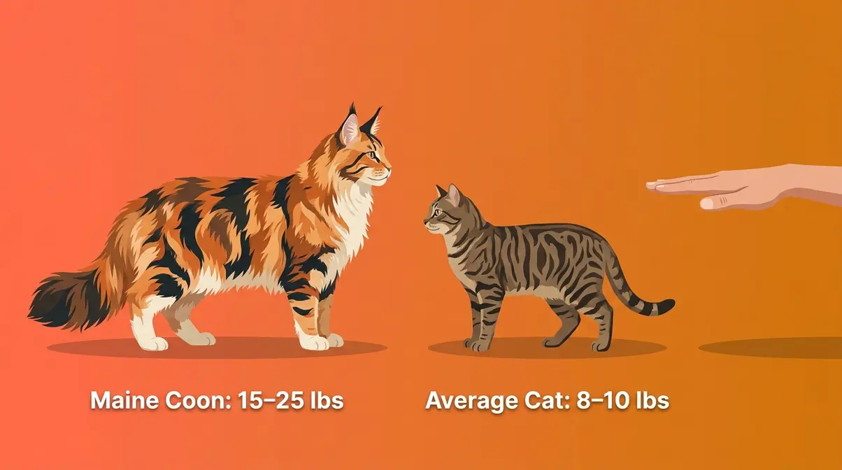 Calico Maine Coon size comparison next to average domestic shorthair cat and human hand for scale