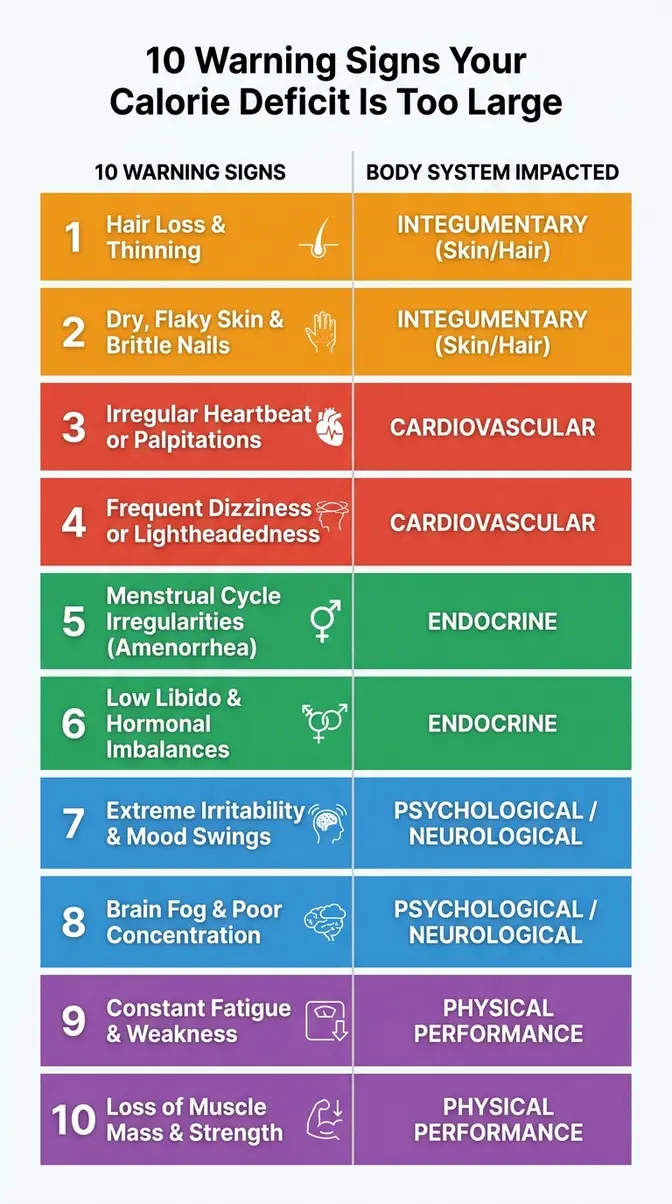 Infographic showing 10 warning signs that a calorie deficit is too large, organized by body system