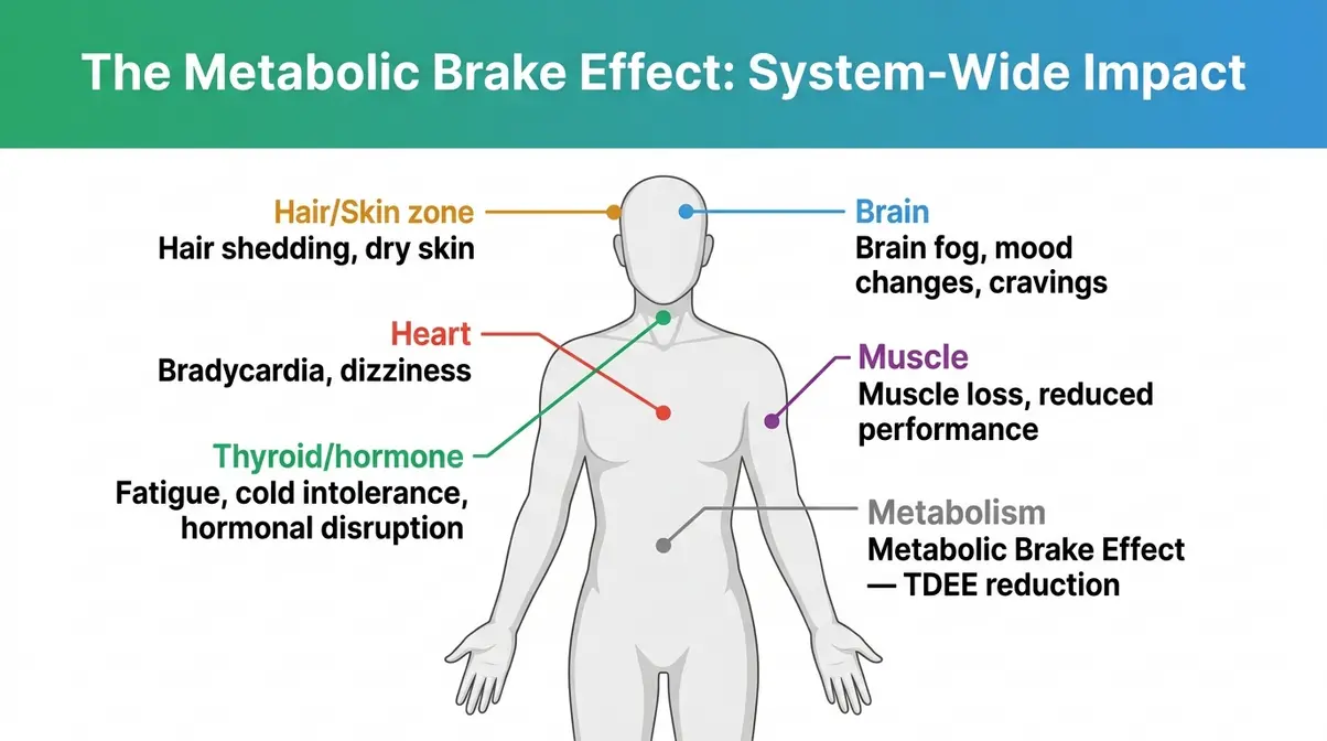 Body diagram showing how a calorie deficit too large affects multiple systems including metabolism and hormones
