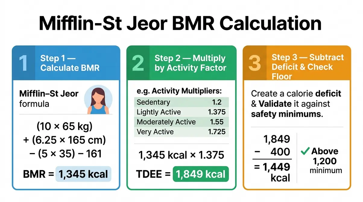 Three-step Mifflin-St Jeor BMR calculation guide showing how to find your safe calorie deficit