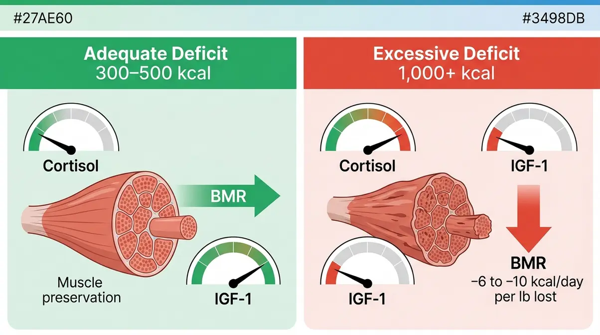 Diagram comparing muscle preservation versus muscle loss caused by an excessively large calorie deficit