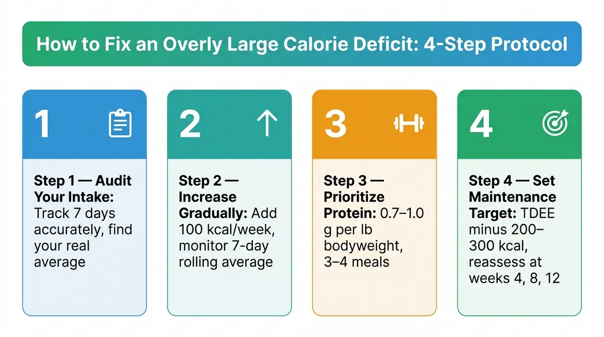 Four-step protocol infographic for fixing an overly large calorie deficit through gradual calorie restoration