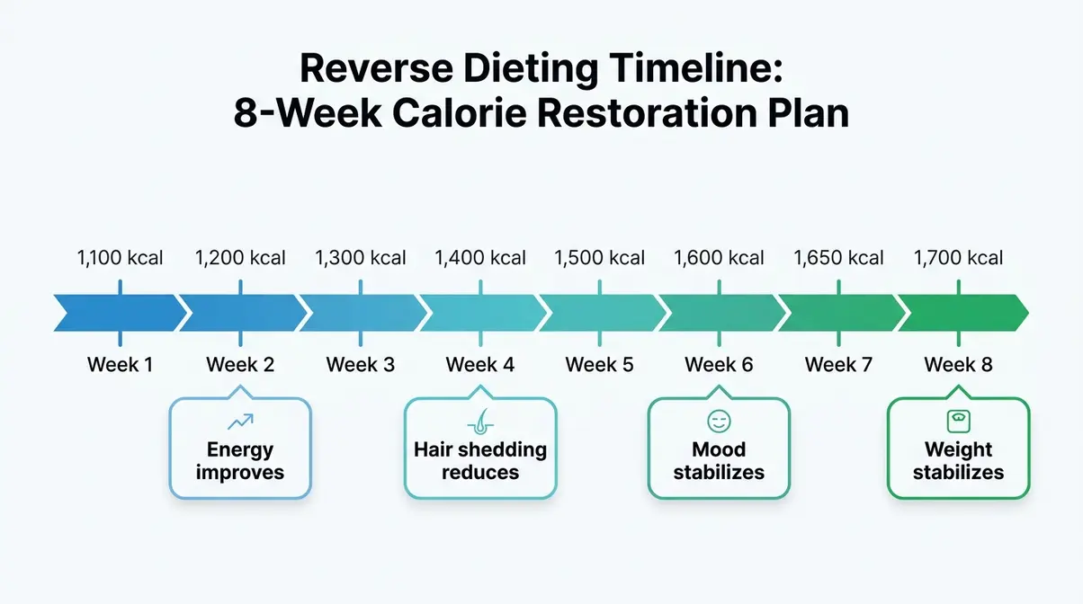 Reverse dieting timeline showing gradual calorie increases of 100 kcal per week to fix a calorie deficit too large