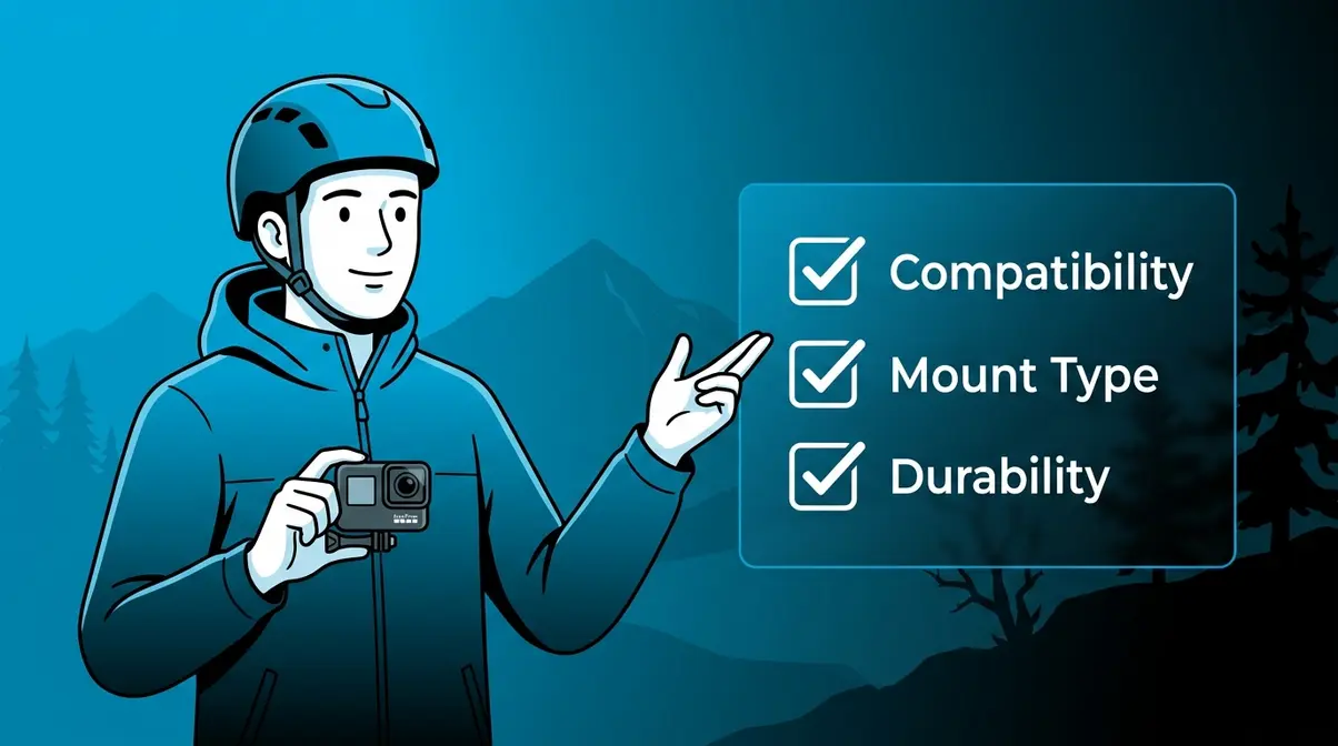 Illustrated buying guide for choosing action camera accessories covering compatibility, mount type, and durability
