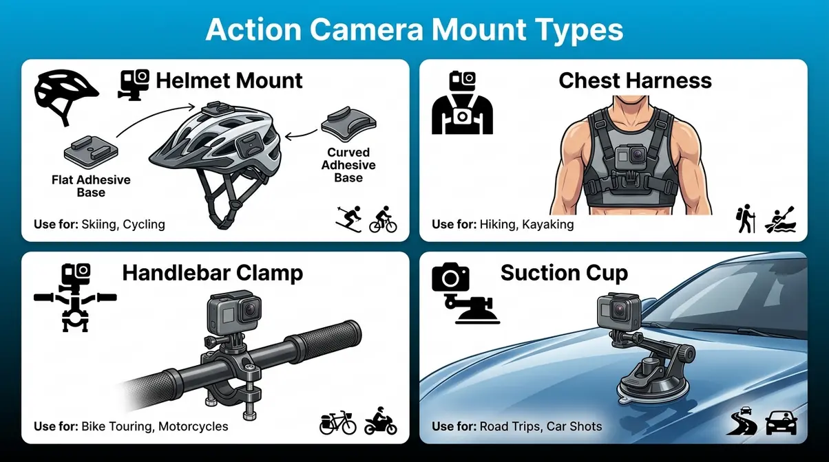 Infographic showing four action camera mount types — helmet, chest harness, handlebar clamp, and suction cup — with use cases for beginner GoPro users