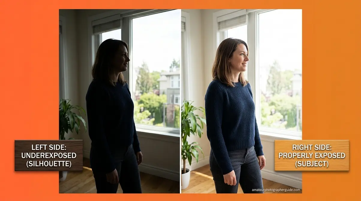 Comparison showing how 18 percent grey metering underexposes backlit subjects without exposure compensation