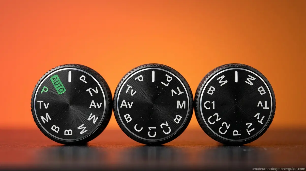 Three camera mode dials showing the transition from auto to program to manual mode