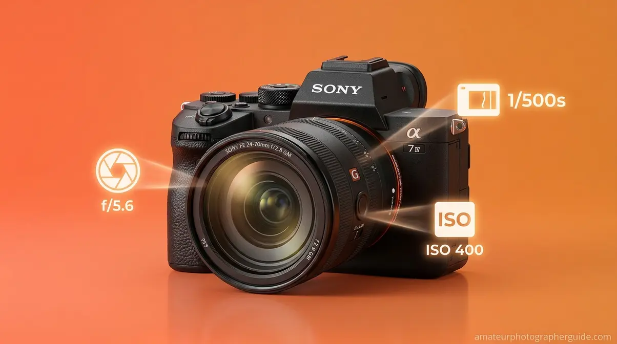 Visualization of how camera auto mode automatically balances aperture, shutter speed, and ISO