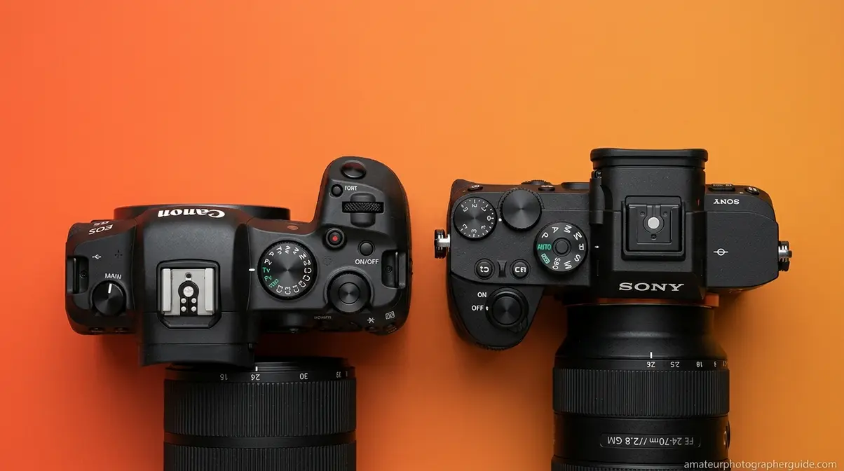 Top view of Canon and Sony mirrorless cameras highlighting their specific auto mode dials
