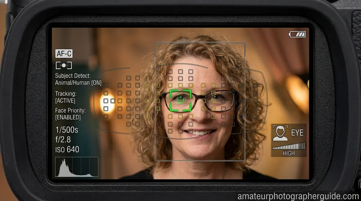 Modern mirrorless camera viewfinder demonstrating AI subject recognition and eye-tracking autofocus capabilities