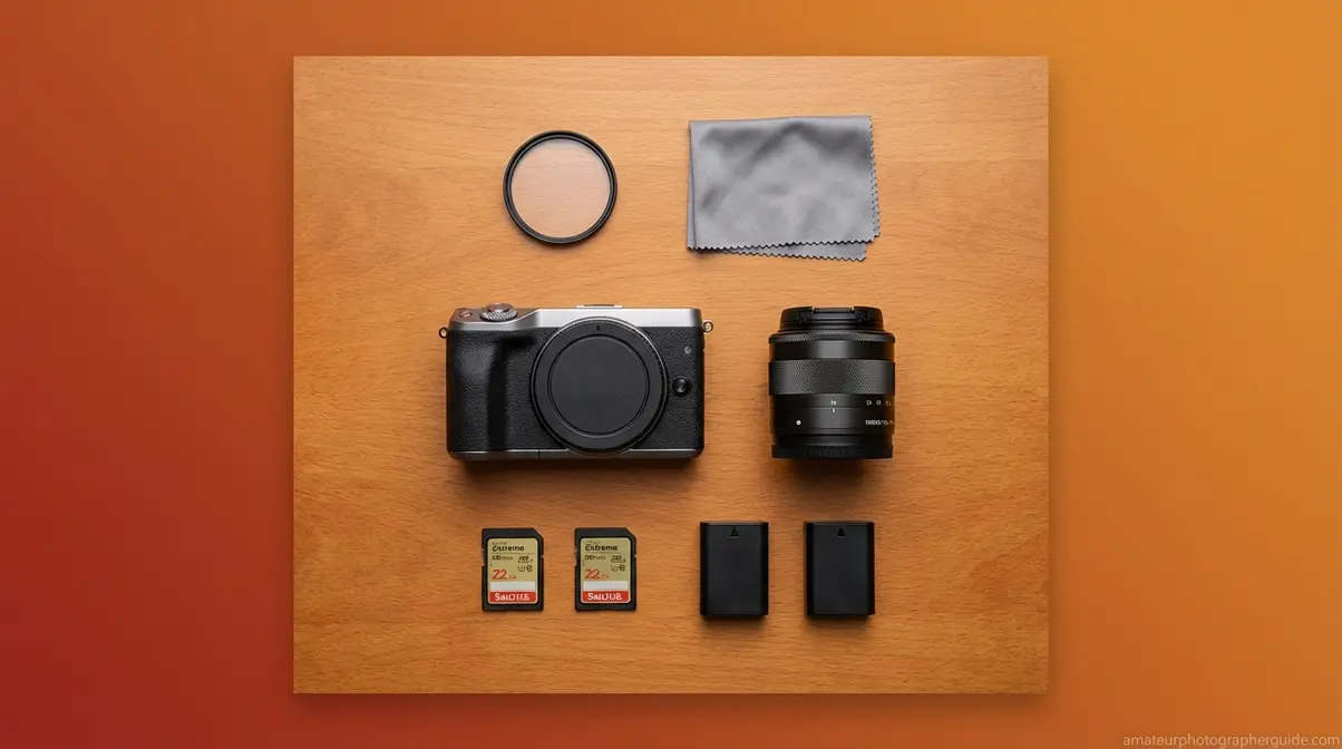 Flat-lay of essential beginner camera gear including mirrorless body, kit lens, SD cards, spare batteries, and lens cloth