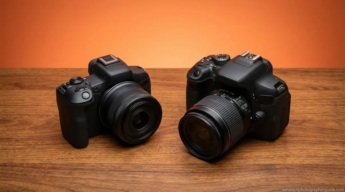 Mirrorless camera versus DSLR camera side by side comparison showing size and design differences for beginners