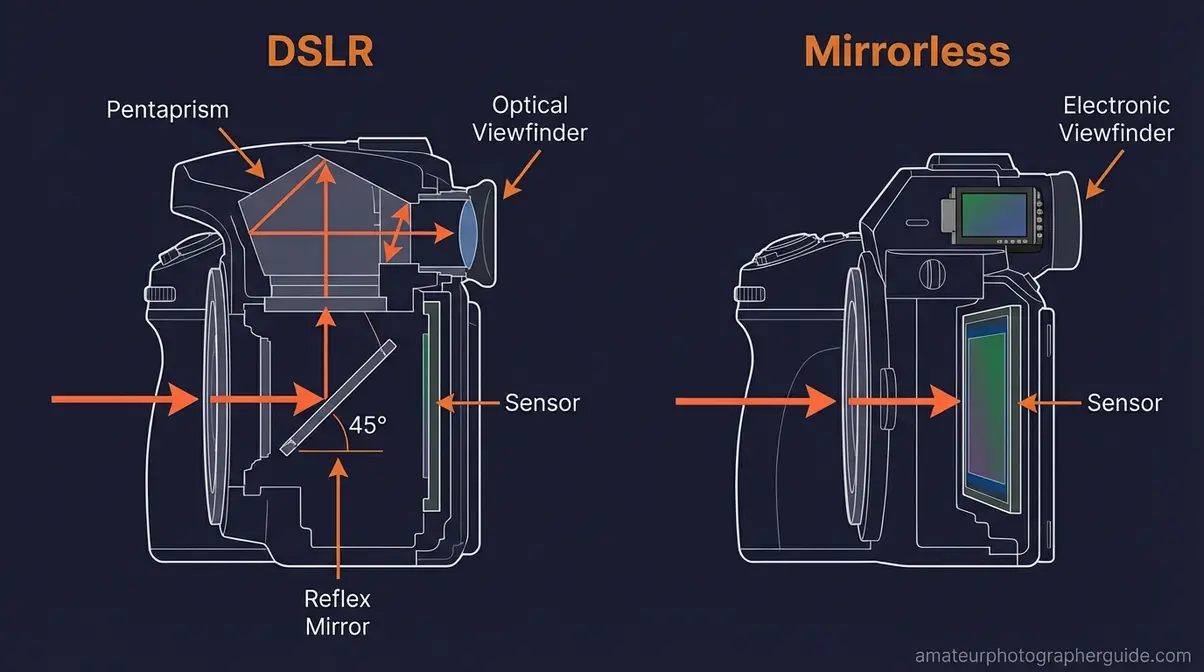 Side-by-side technical diagram comparing DSLR mirror mechanism to mirrorless direct sensor light path design