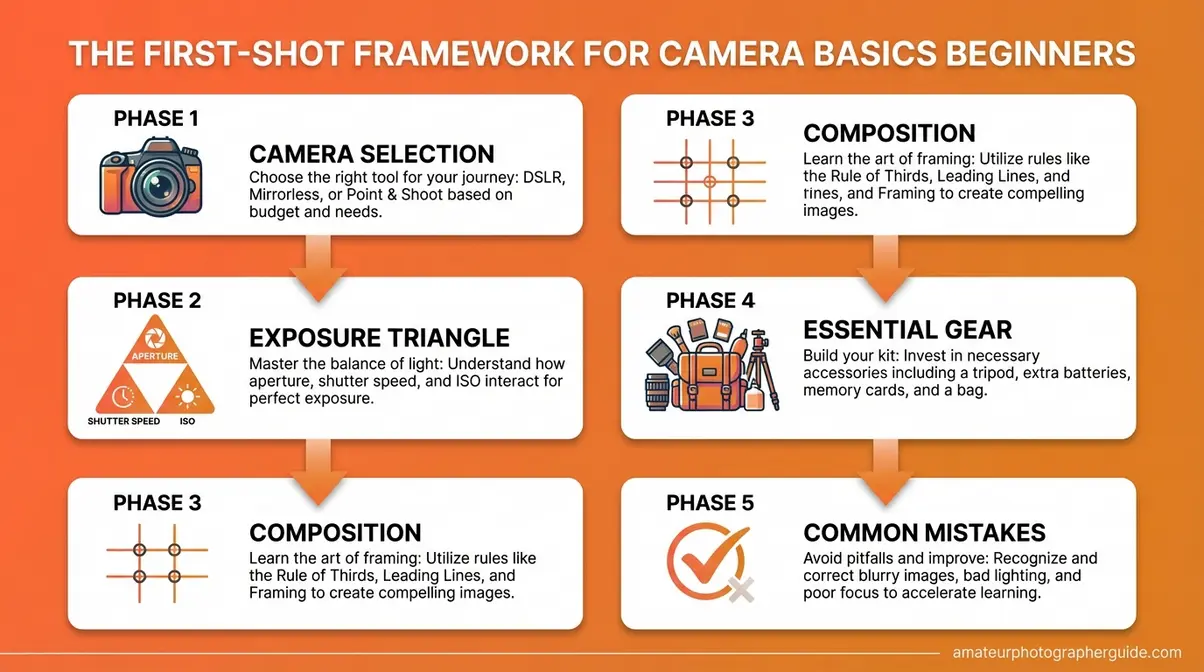 The First-Shot Framework diagram showing five sequential phases for camera basics beginners from selection to mistakes