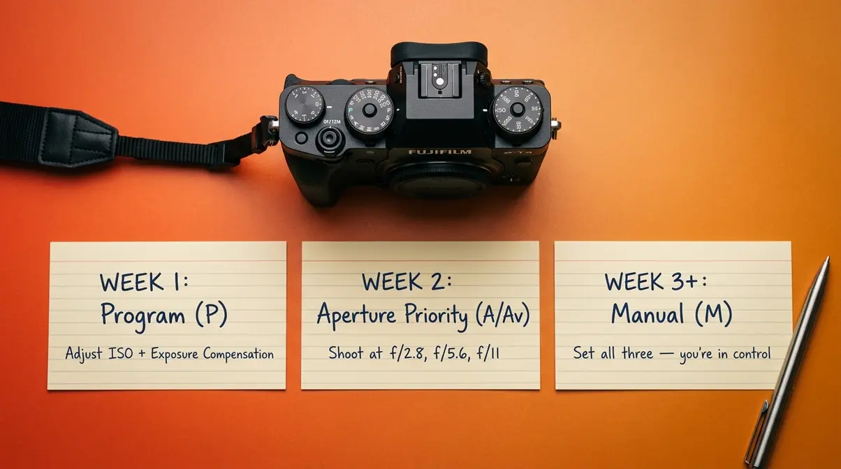 Camera mode progression from Auto to Manual step by step plan three index cards flat lay