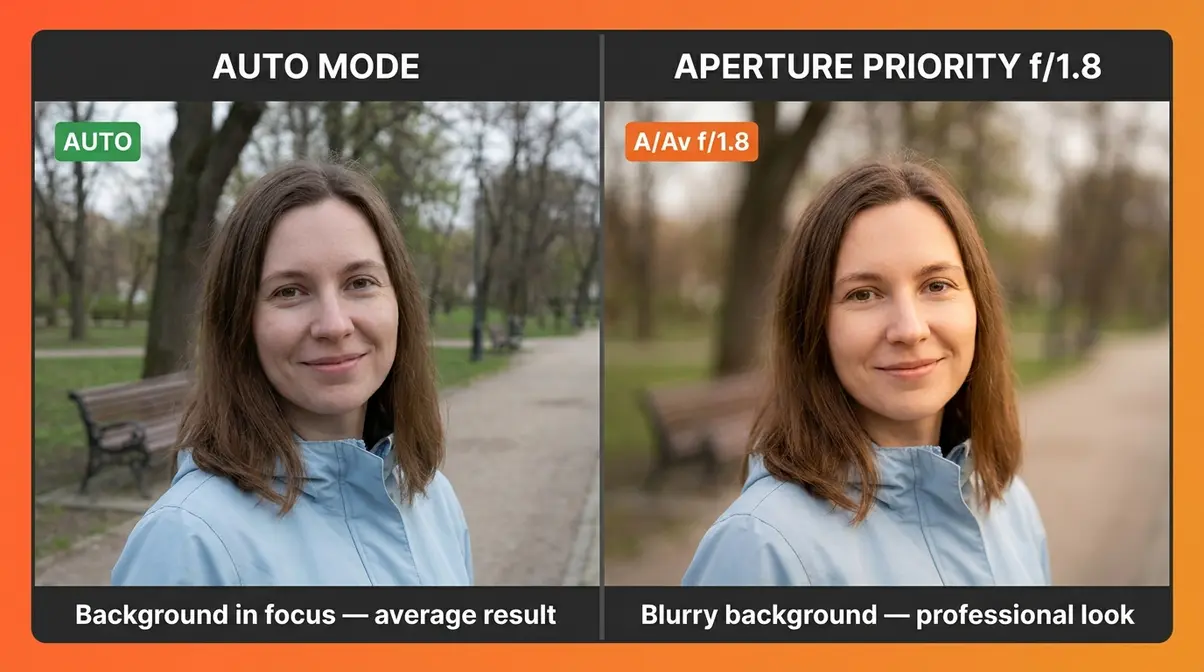 Auto mode vs aperture priority side by side portrait comparison background blur difference